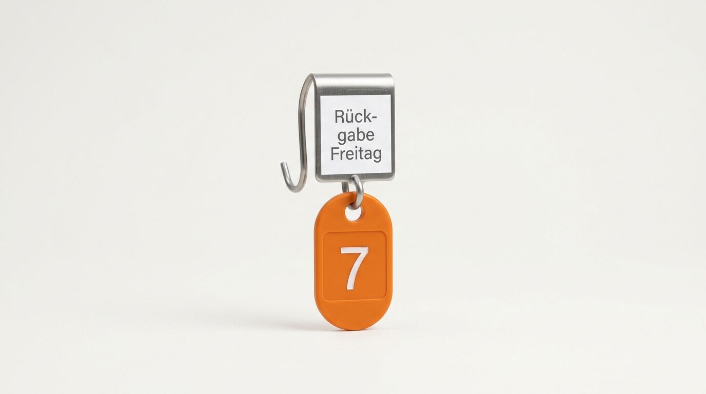 Metallhaken mit Text „Rückgabe Freitag“ und orangefarbener Marke mit Zahl „7“