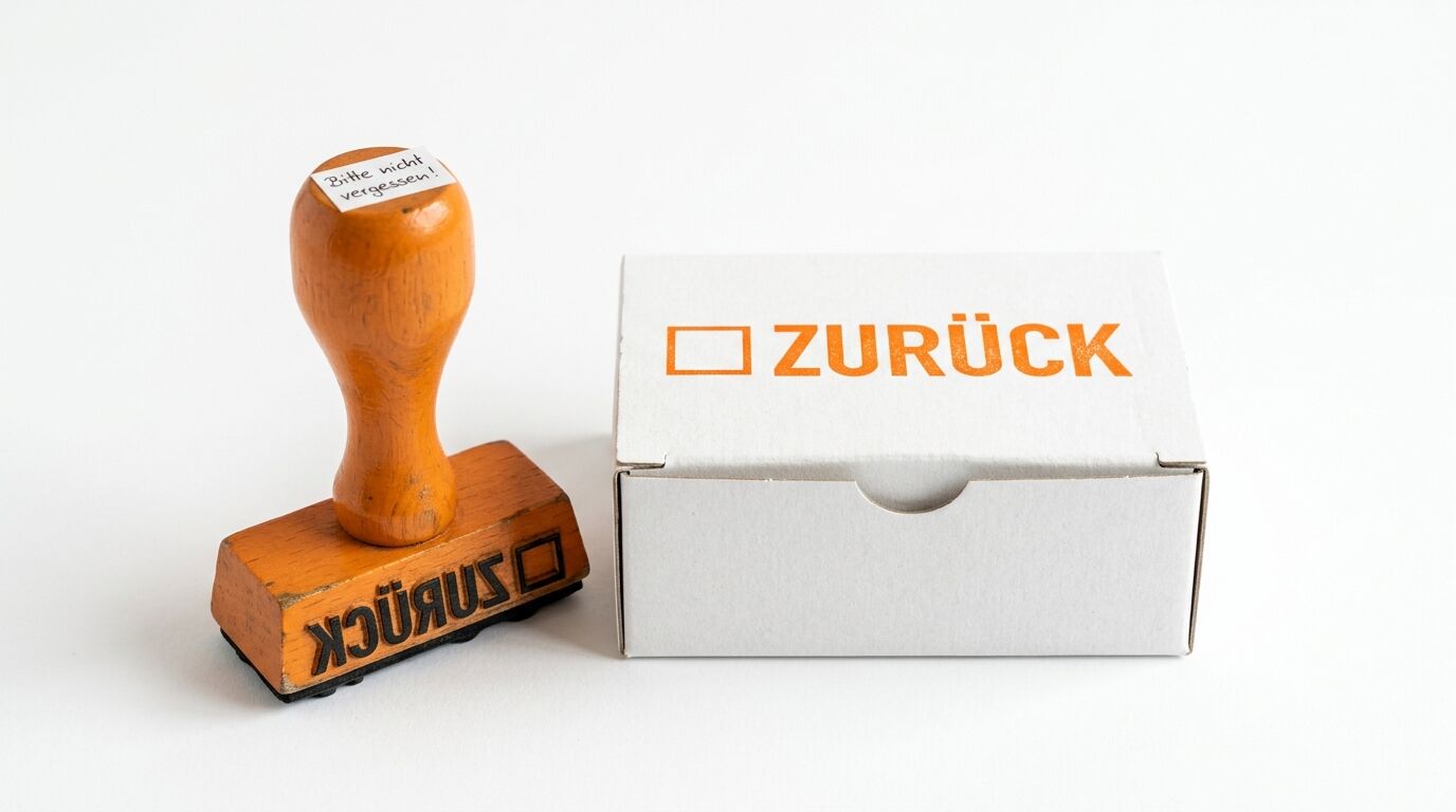 Ein Holzstempel und eine Schachtel, beide beschriftet mit dem Wort „ZURÜCK“
