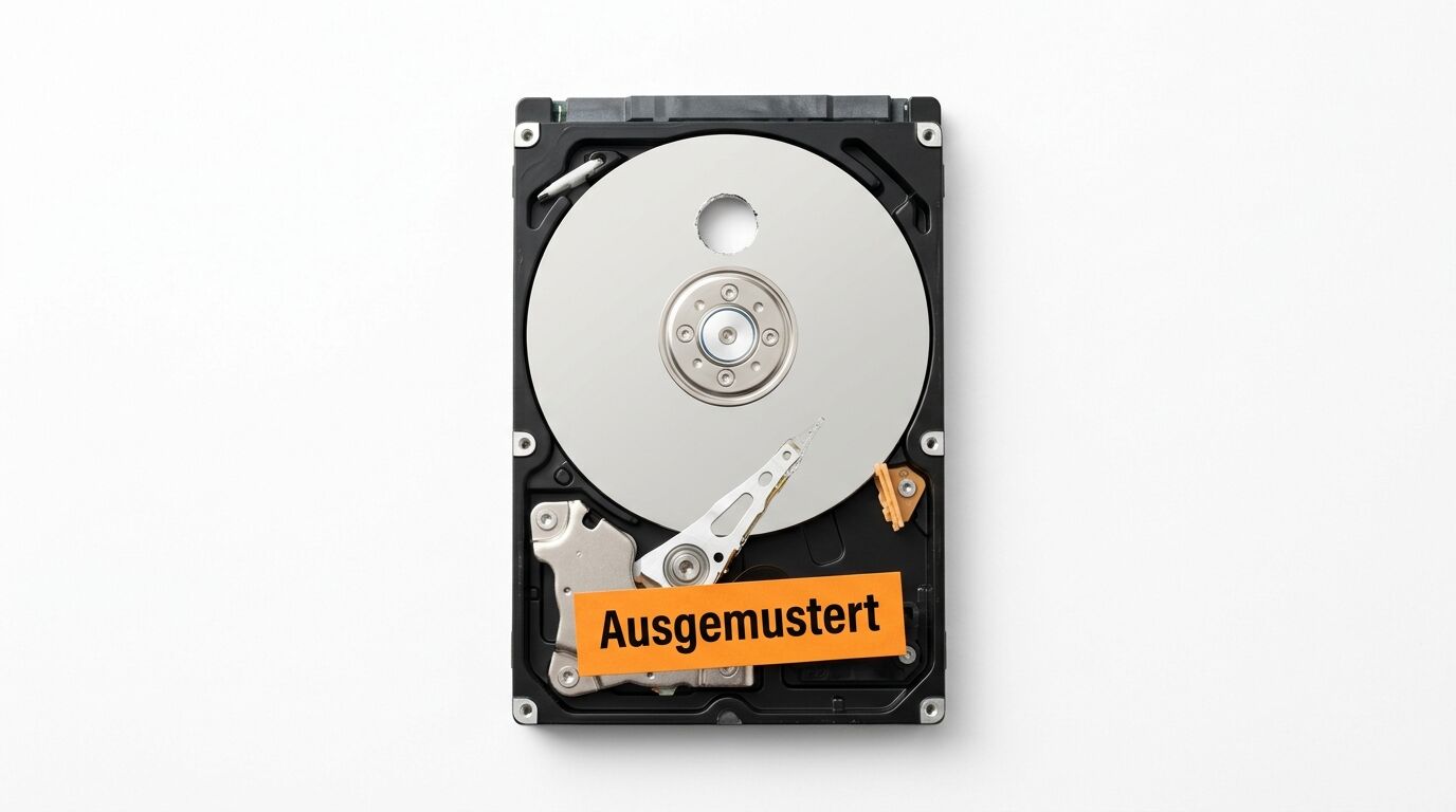 Offene Festplatte mit orangem Aufkleber „Ausgemustert“ vor weißem Hintergrund in Draufsicht