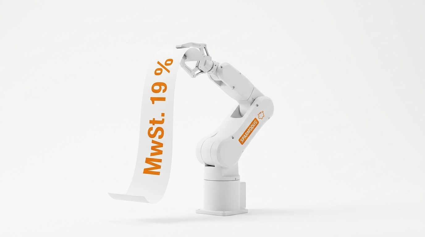 Roboterarm hält Papierband mit orangem Text „MwSt. 19 %“, Logo „Sparmodus“ am Arm