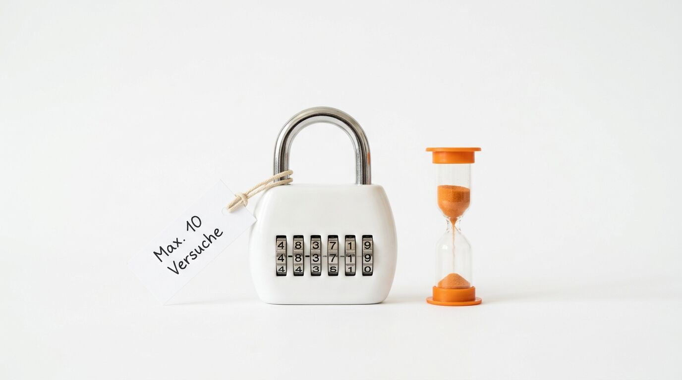 Zahlenschloss, Sanduhr und Schild mit der Aufschrift „Max. 10 Versuche“