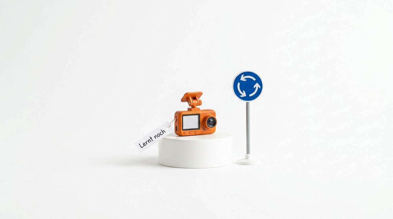Dashcam mit „Lernt noch“-Schild und Kreisverkehrschild vor weißem Hintergrund