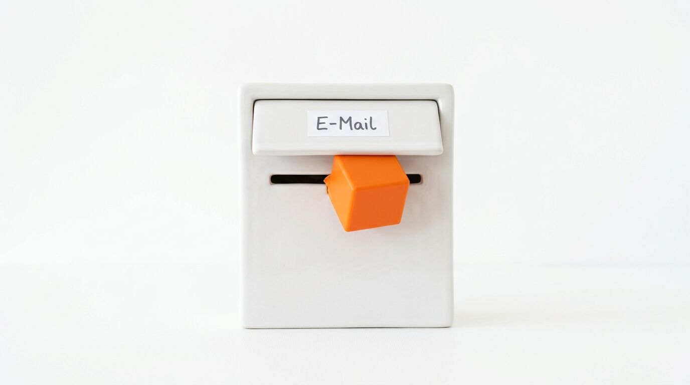 Weißer E-Mail-Briefkasten mit orangem Würfel im Einwurfschlitz vor weißem Hintergrund