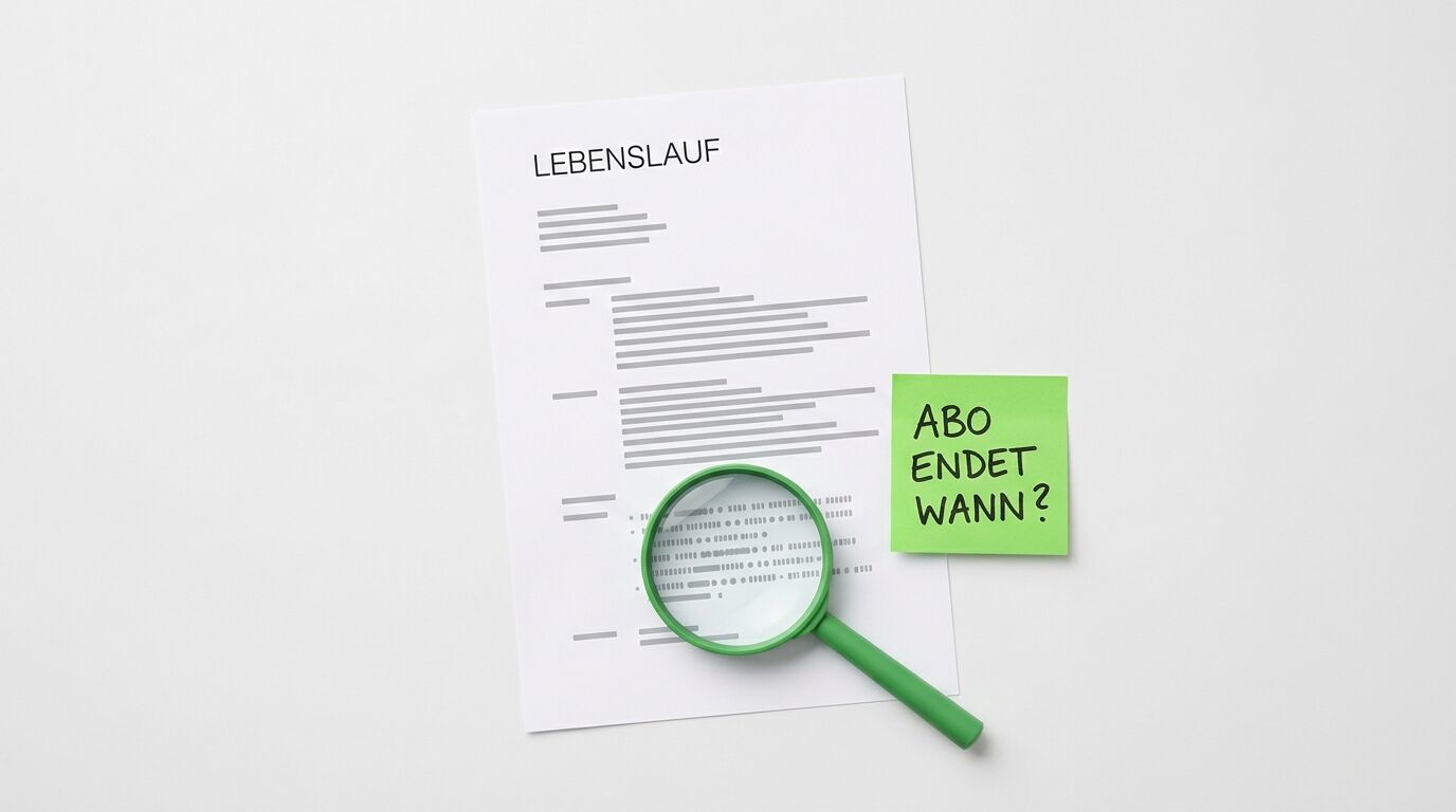 Ein Dokument mit "Lebenslauf" Überschrift, eine grüne Lupe und eine Notiz "Abo endet wann?" auf grünem Papier