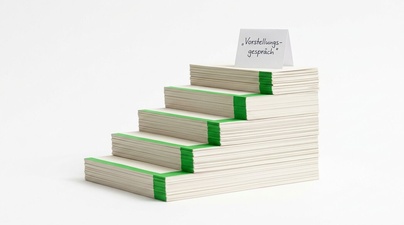 Treppenförmig gestapelte Papierstapel mit grünen Bändern und Schild "Vorstellungsgespräch"