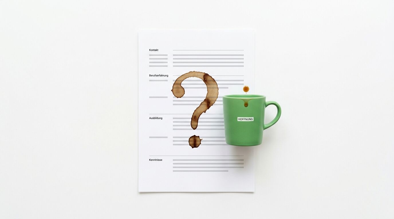 Eine grüne Tasse mit "HOFFNUNG"-Etikett steht neben einem Dokument mit Fragezeichen und Abschnitten wie Kontakt, Berufserfahrung, Ausbildung und Kenntnisse