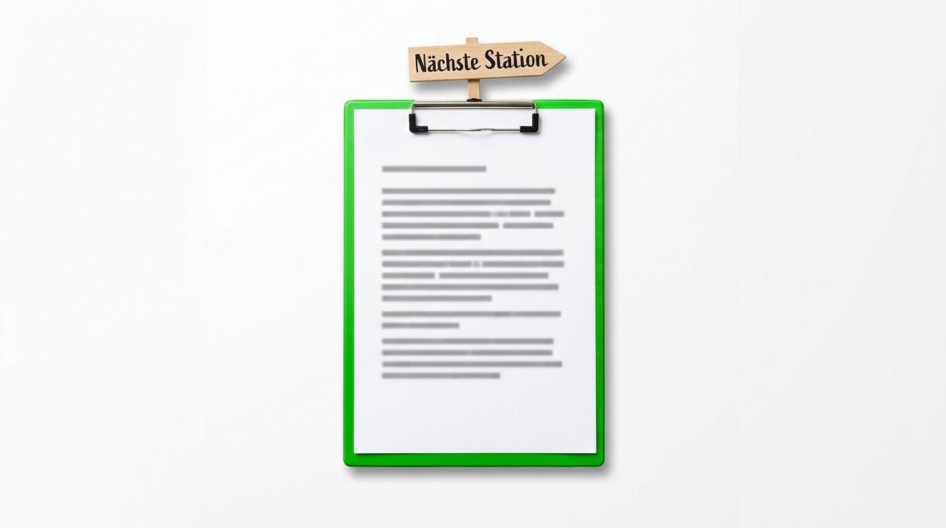 Grünes Klemmbrett mit Blatt Papier und Holzschild "Nächste Station" oben drauf