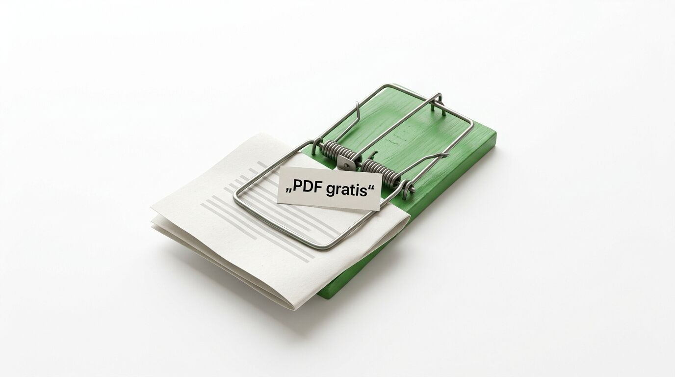 Mousetrap mit grüner Basis und Papieren, Schild mit "PDF gratis" Text als Köder