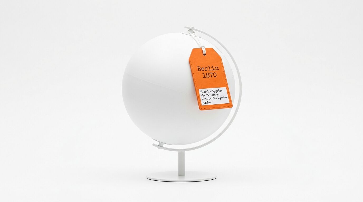 Ein weißer, unbeschrifteter Globus auf Ständer mit einem orangen Anhänger vor weißem Hintergrund