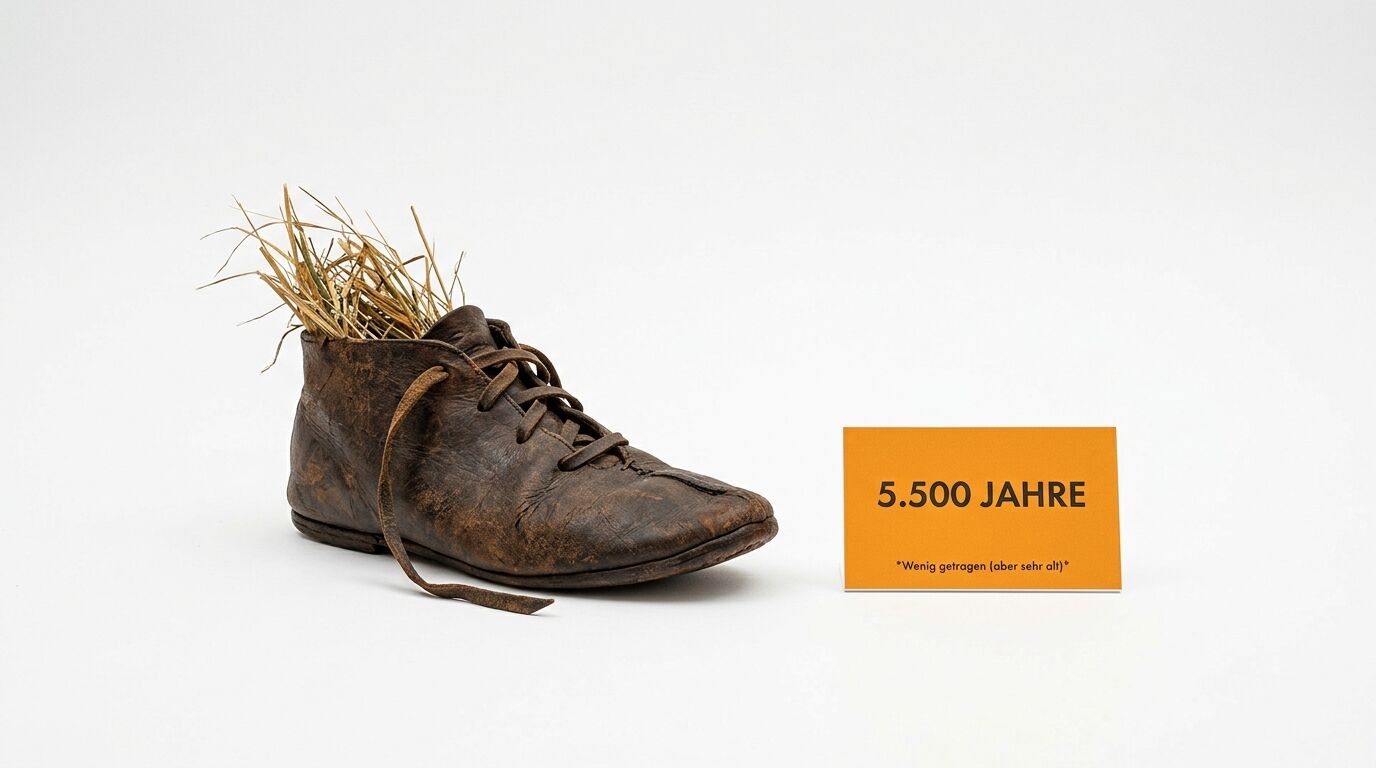 Alter Lederschuh mit Stroh füllung, daneben orange Karte mit Text „5.500 JAHRE“
