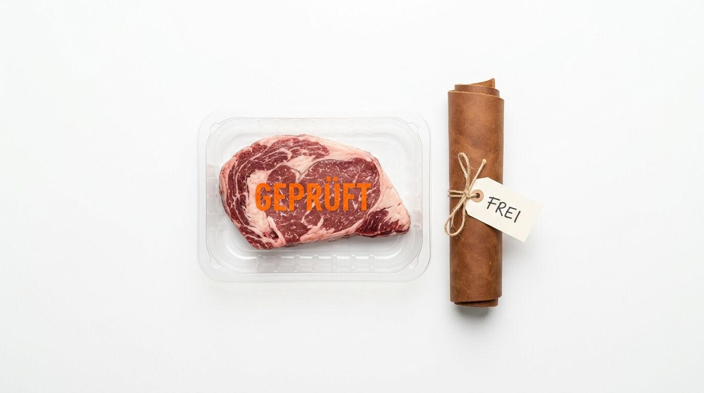 Steak in Schale mit „GEPRÜFT“ und Lederrolle mit Anhänger „FREI“ auf weißem Grund