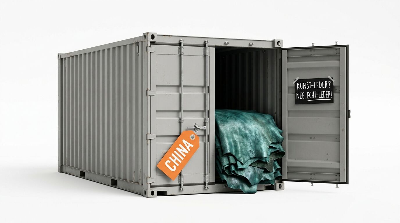 Container aus China mit Leder gefüllt. Türschild: Kunst-Leder? Nee, Echt-Leder!