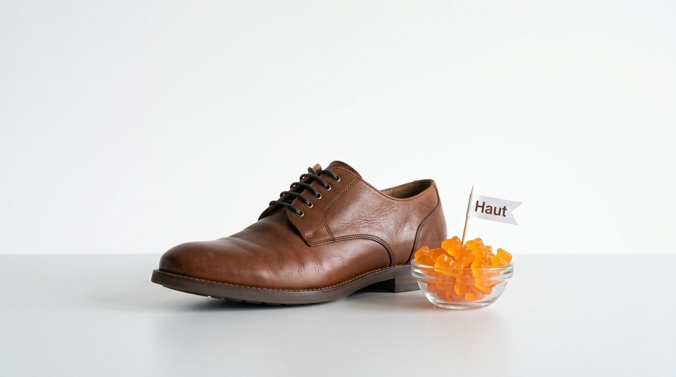 Brauner Lederschuh neben Schale mit orangefarbenen Gummibärchen und Fähnchen „Haut“