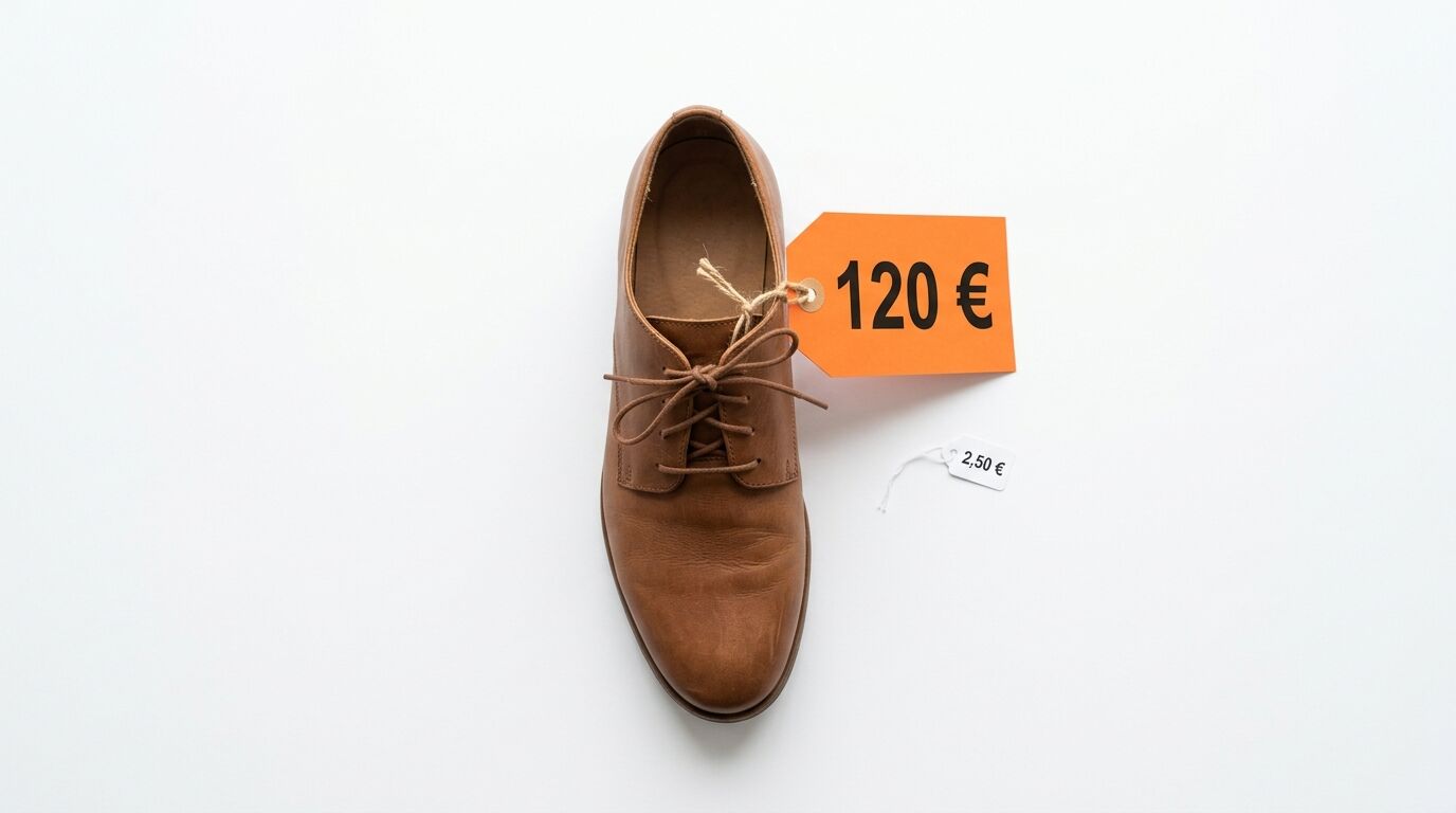 Ein brauner Schnürschuh von oben mit einem orangefarbenen 120 € Preisschild auf weißem Grund