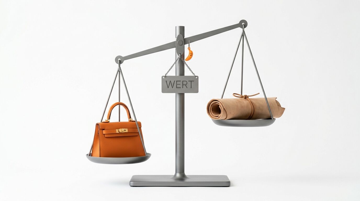 Waage mit Handtasche, Lederrolle und Schild „WERT“ auf weißem Grund