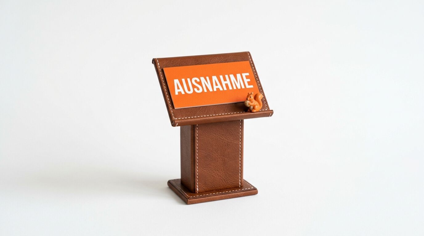 Ein braunes Miniatur-Pult aus Leder mit einer orangefarbenen Karte, auf der „AUSNAHME“ steht, und einer Eichhörnchenfigur daneben