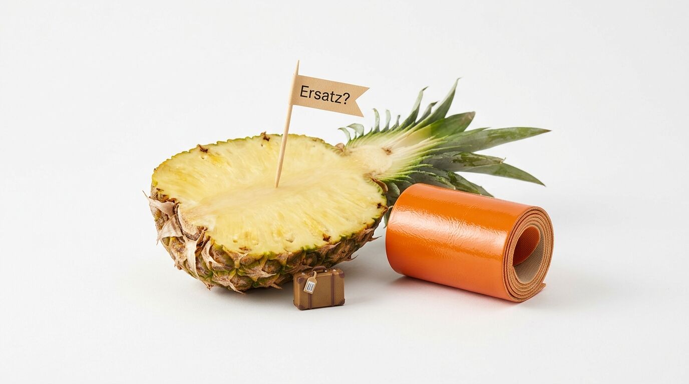Ananas, Koffer, Klebeband auf Weiß. Schild: