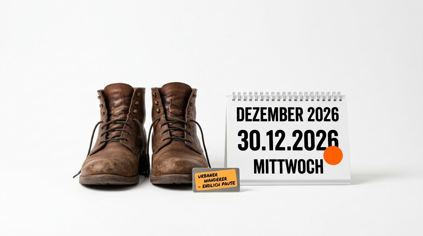 Braune Lederstiefel, Tischkalender „30.12.2026“, Notiz „URBANER WANDERER“ auf weißem Grund