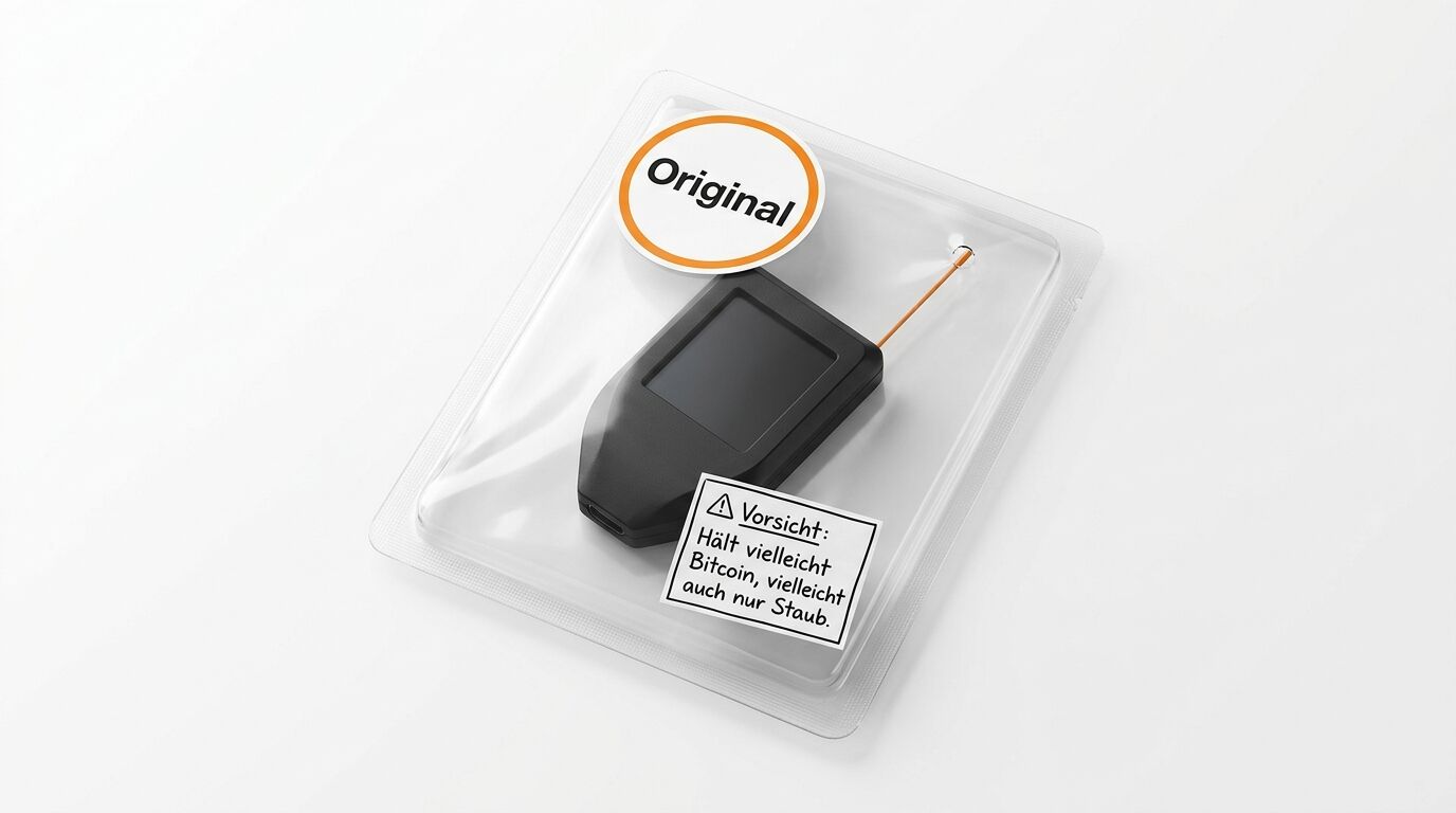 Schwarzes Hardware-Wallet in Plastikverpackung mit deutschen Warn- und Original-Stickern
