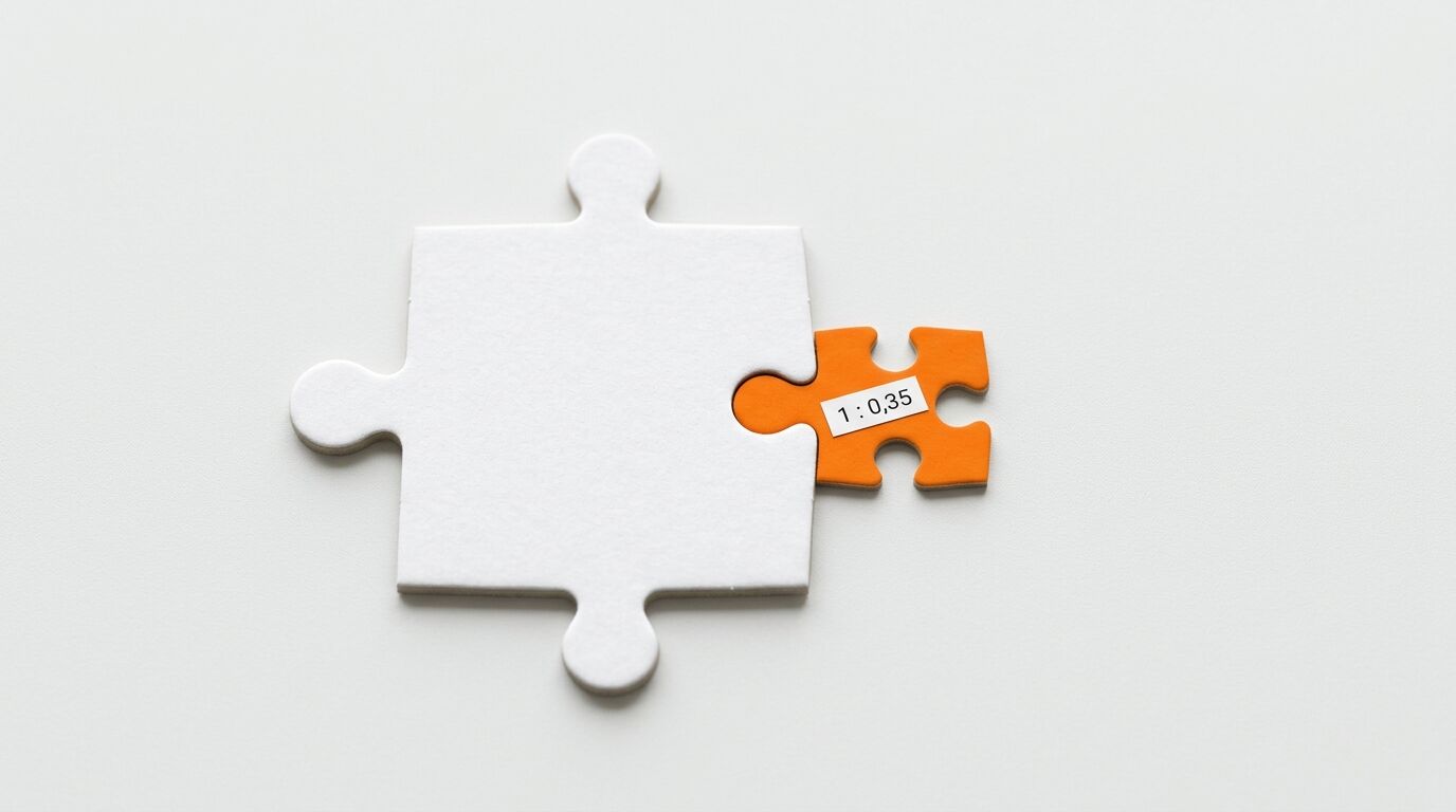 Zwei verbundene Puzzleteile, ein großes weißes und ein kleines oranges mit Aufschrift, auf grau