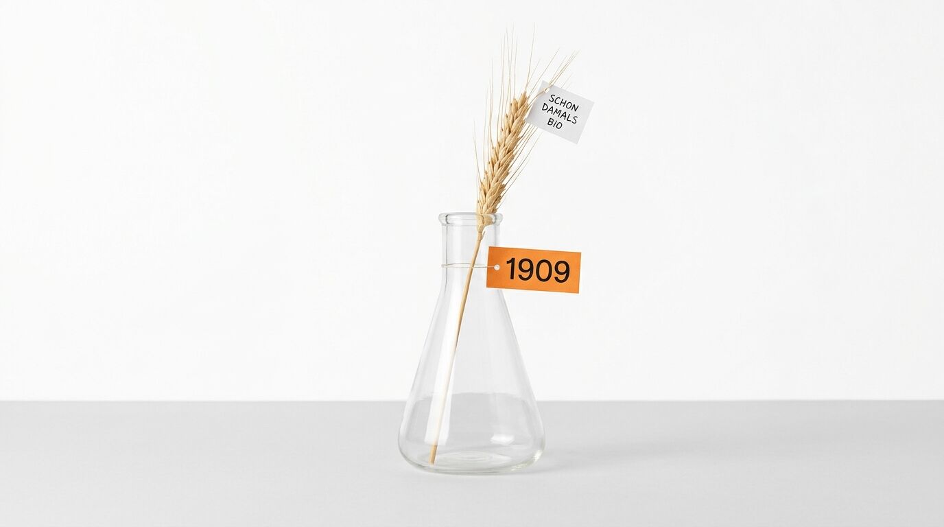 Erlenmeyerkolben mit Getreideähre und Etiketten „1909“, „SCHON DAMALS BIO“