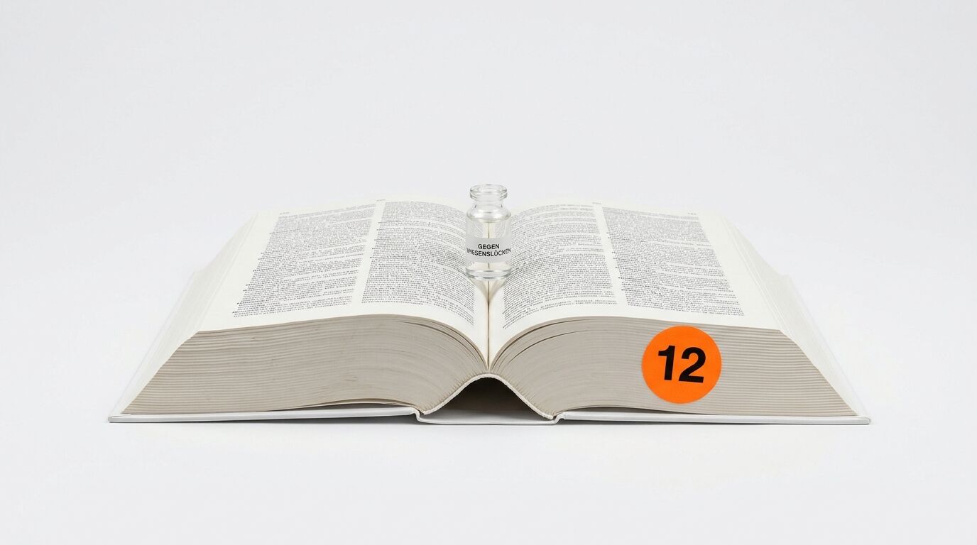 Ein offenes Buch mit einem Fläschchen und einem orangefarbenen Punkt auf weißem Grund