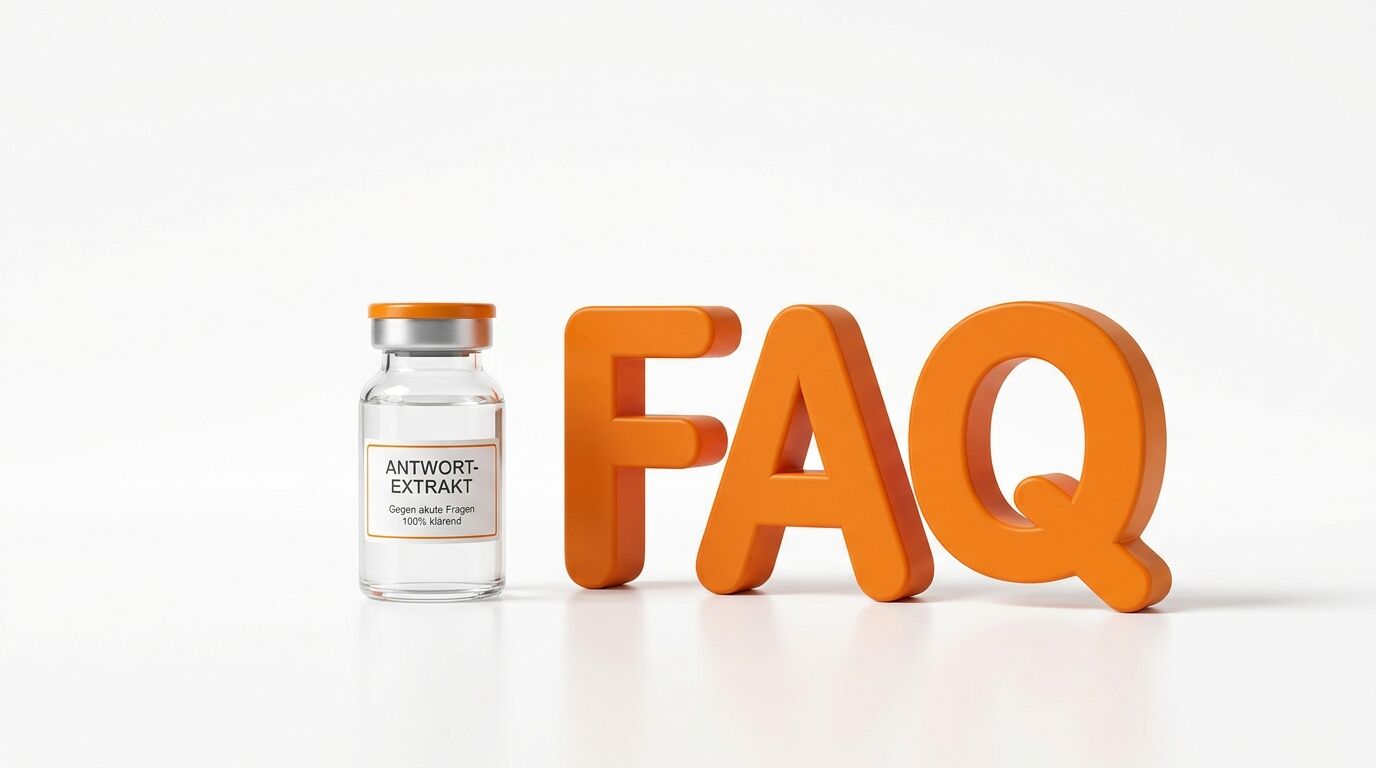 Eine Ampulle „Antwort-Extrakt“ neben orangefarbenen 3D-Buchstaben „FAQ“