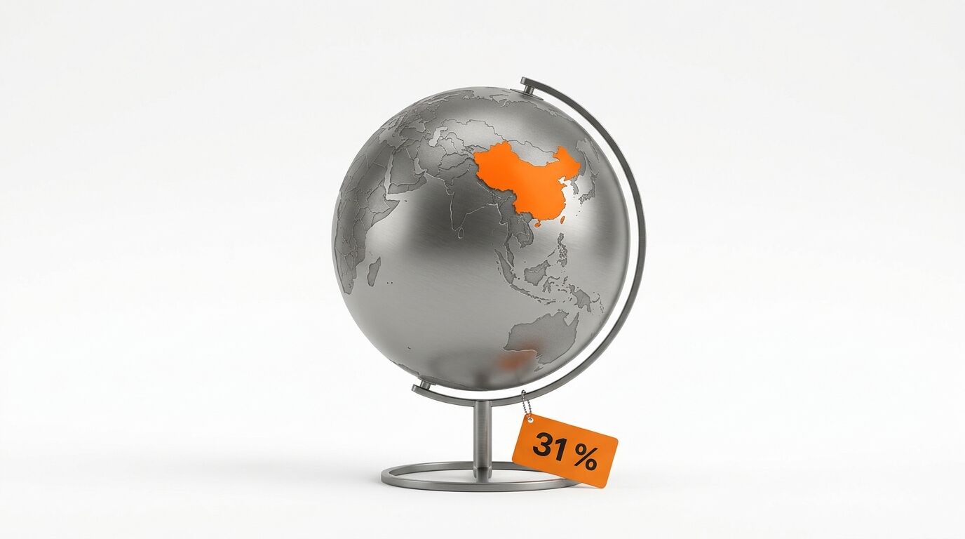 Ein silberner Globus mit orange hervorgehobenem China und einem Preisschild mit der Aufschrift „31 %“