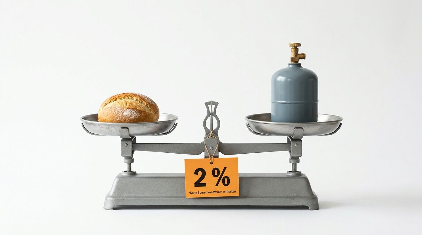 Waage mit Brot und Gasflasche, mittig ein oranges Schild mit „2%“