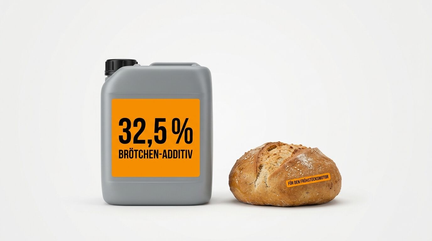 Ein grauer Kanister mit Etikett neben einem Brötchen auf weißem Hintergrund