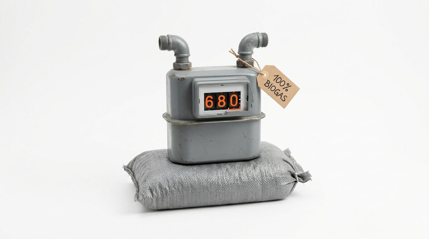 Gaszähler auf Sack, Schild „100% BIOGAS“, Stand 680, weißer Hintergrund