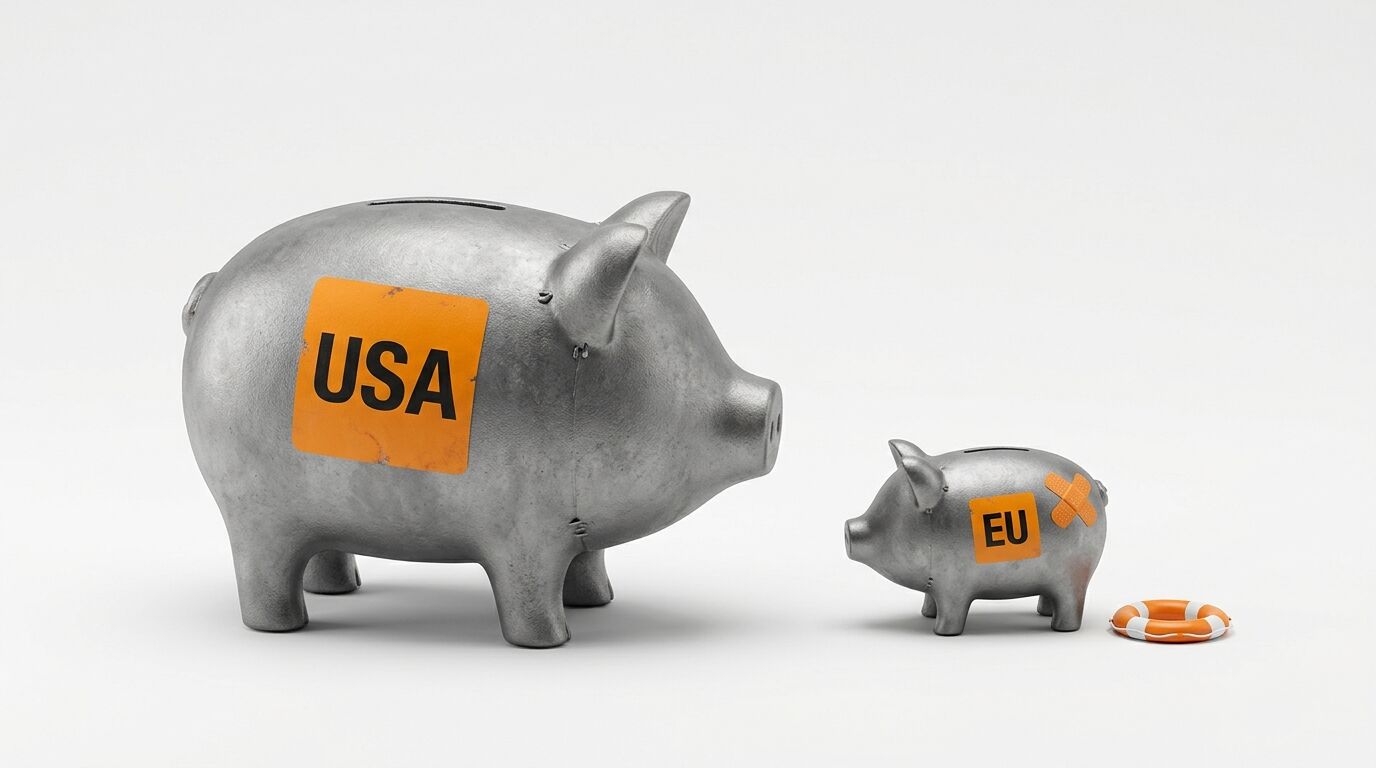 Großes USA-Sparschwein, kleines verletztes EU-Sparschwein und Rettungsring auf Weiß