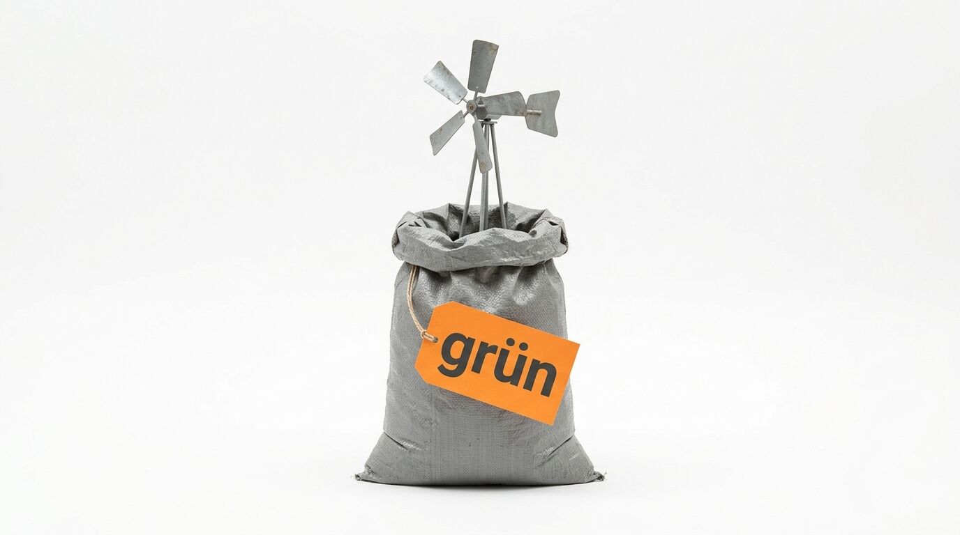 Ein grauer Jutesack mit einem Windrad und einem Anhänger mit der Aufschrift „Grün“