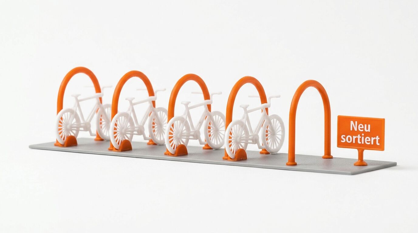 Modell eines Fahrradständers mit weißen Rädern und Schild „Neu sortiert“