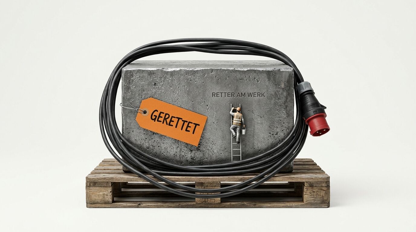 Betonblock auf Palette mit Kabel, Schildern „GERETTET“ und „RETTER AM WERK“ sowie Figur auf Leiter