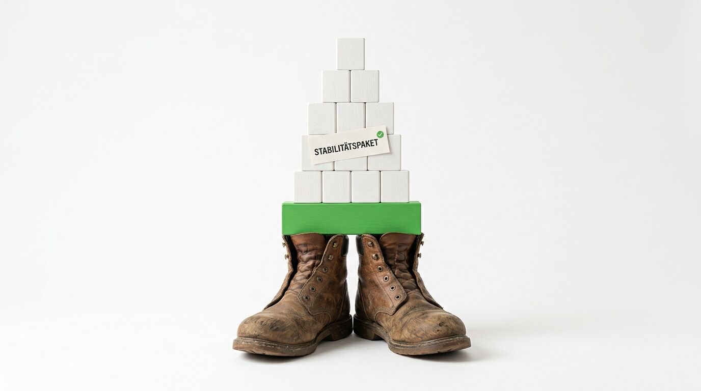 Stiefel tragen grüne Latte und weiße Blöcke mit Schild