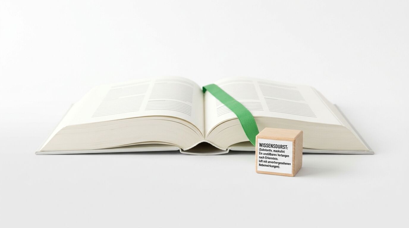 Ein offenes Buch, ein grünes Leseband und ein Holzwürfel mit Text vor weißem Hintergrund
