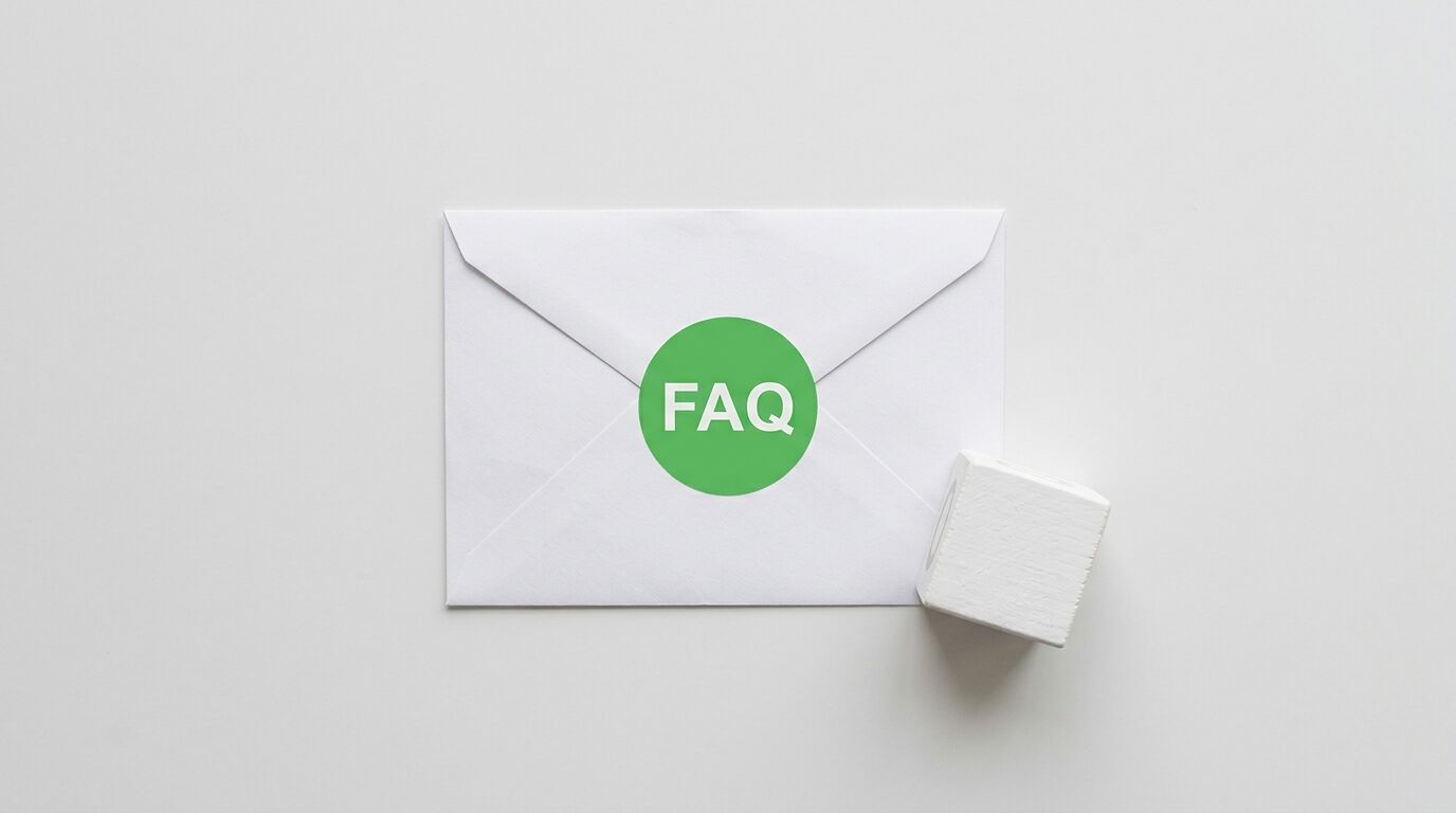 Geschlossener weißer Umschlag mit grünem FAQ-Aufkleber und Holzwürfel