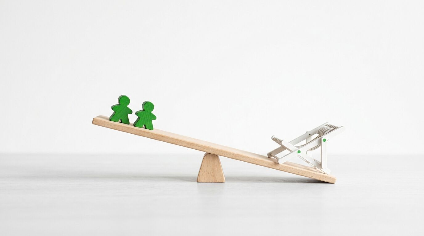 Zwei grüne Holzfiguren und ein Liegestuhl balancieren auf einer Holzwippe
