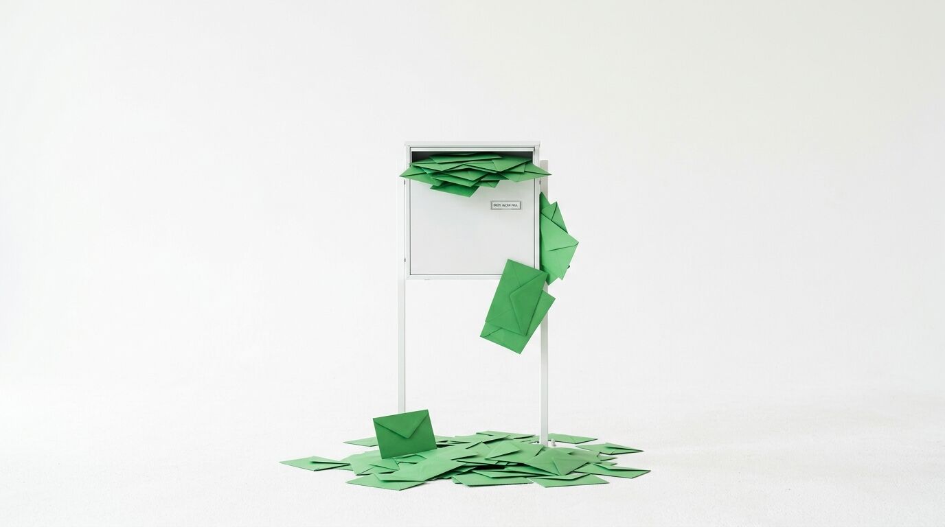 Ein weißer Briefkasten quillt über mit grünen Briefumschlägen