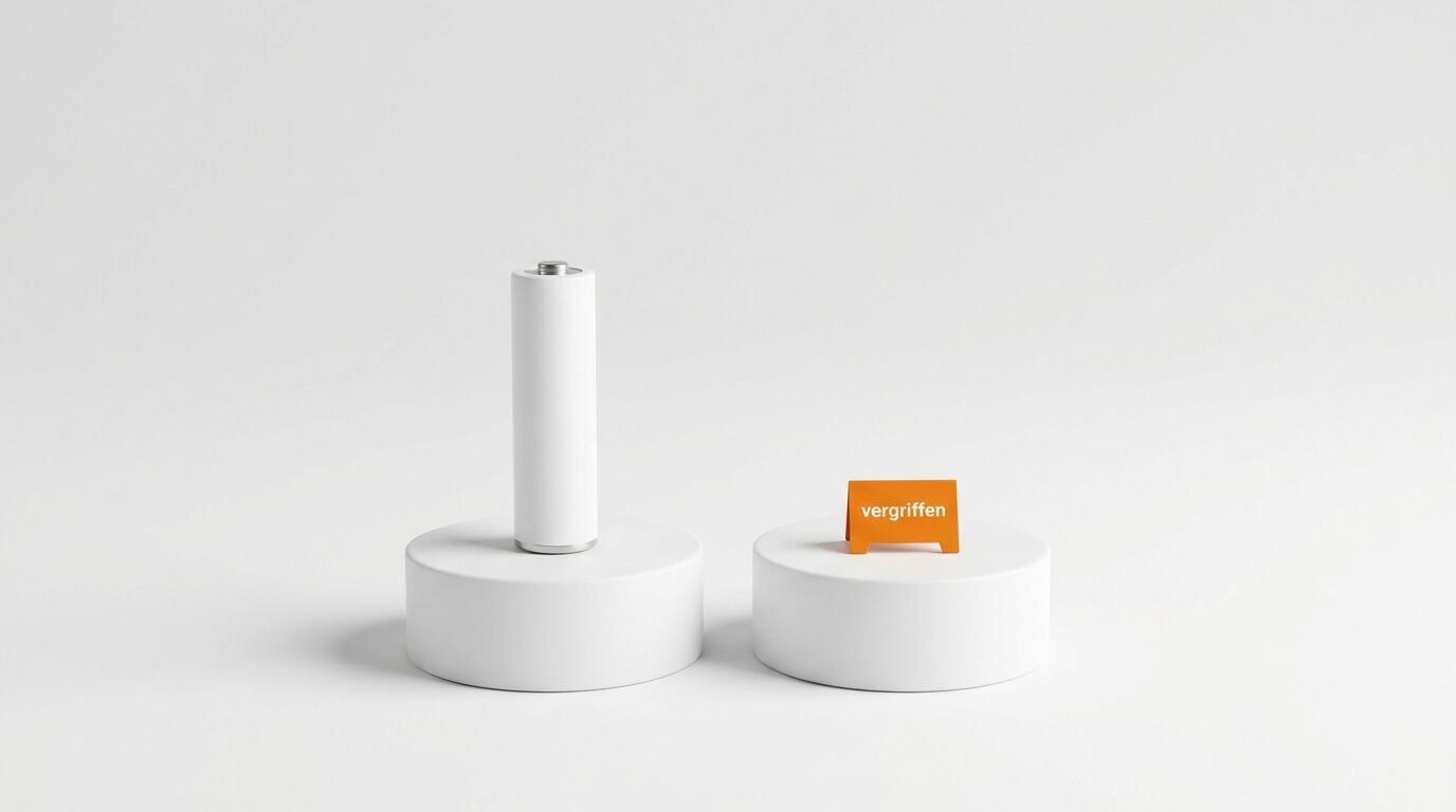 Eine weiße Batterie und ein oranges Schild mit „vergriffen“ auf weißen Podesten vor grau