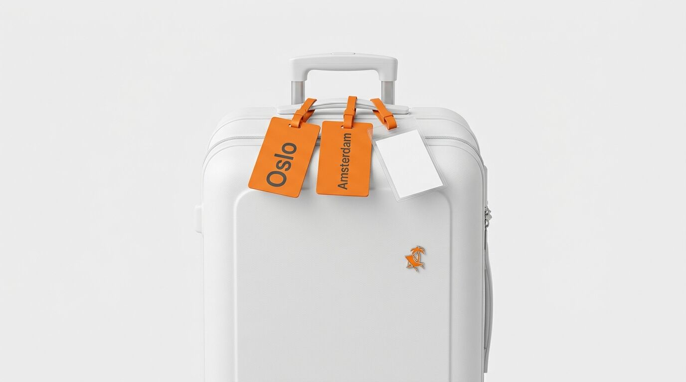 Nahaufnahme eines weißen Koffers mit orangefarbenen Anhängern für Oslo und Amsterdam
