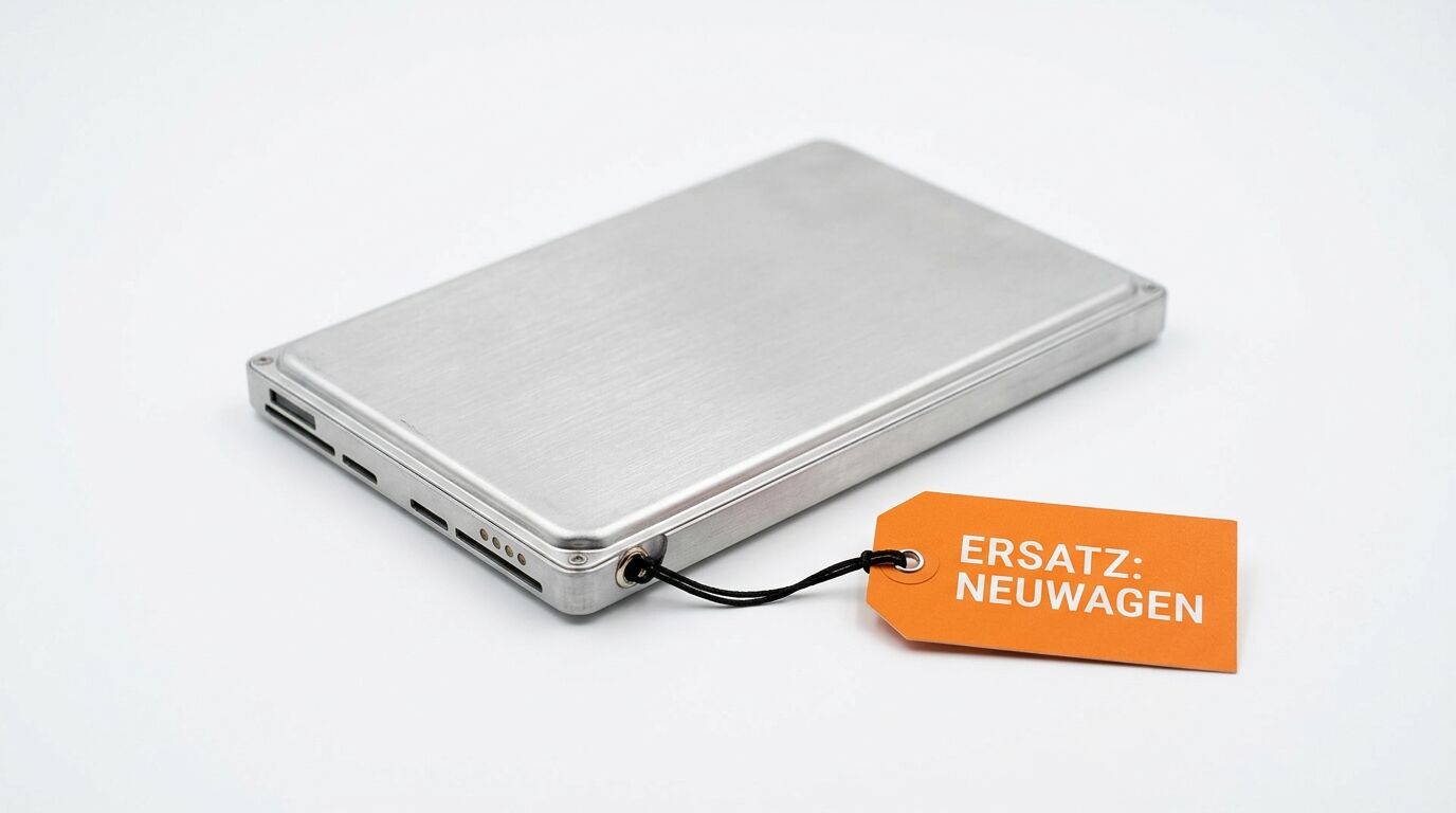 Silbernes Metallgehäuse mit orangefarbenem Anhänger „ERSATZ: NEUWAGEN“ auf Weiß