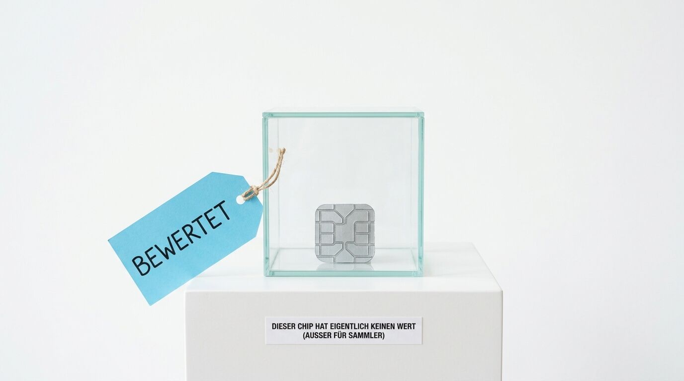 Ein Chip in einem Glaskasten auf einem Podest mit dem Anhänger „bewertet“ und einem Text
