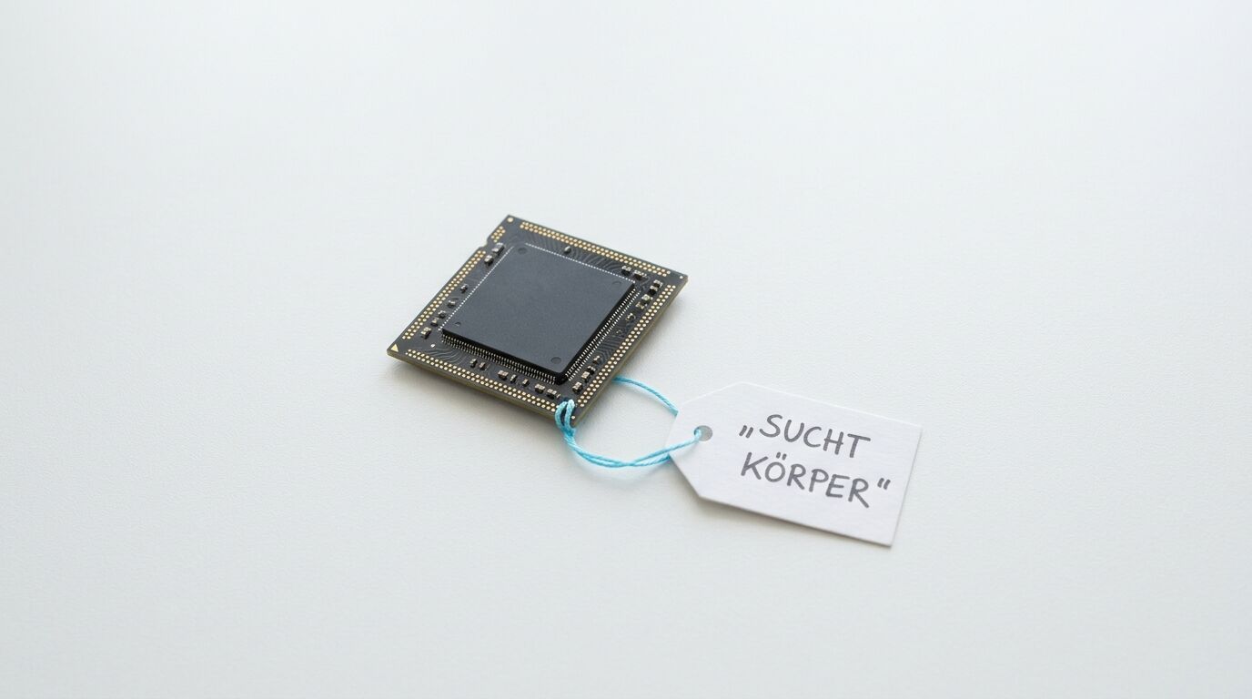 Prozessor-Chip mit angehängtem Preisschild und Aufschrift „SUCHT KÖRPER“ auf hellem Grund