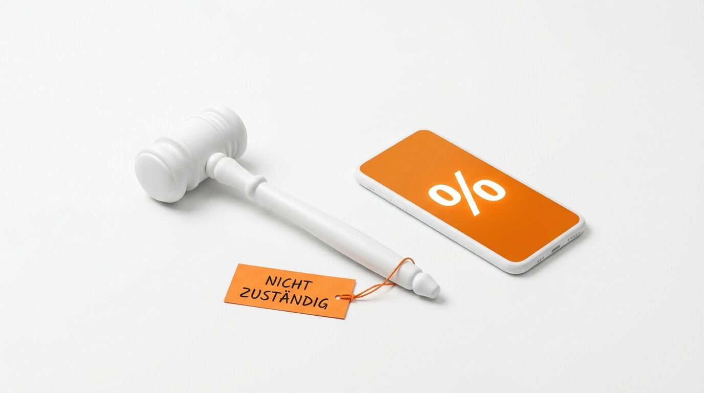 Weißer Hammer mit „NICHT ZUSTÄNDIG“-Schild neben Smartphone mit Prozentzeichen