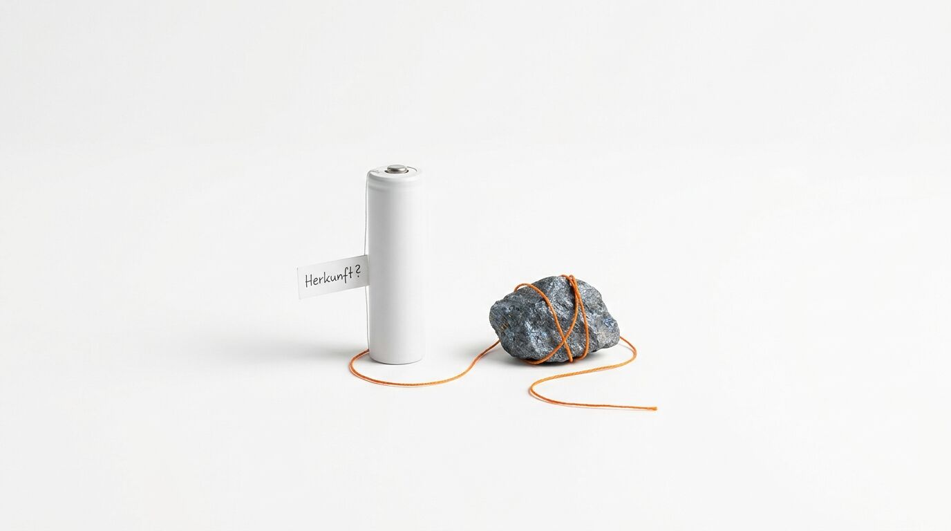 Batterie und Erzbrocken auf weißem Grund, mit orangefarbenem Faden verbunden