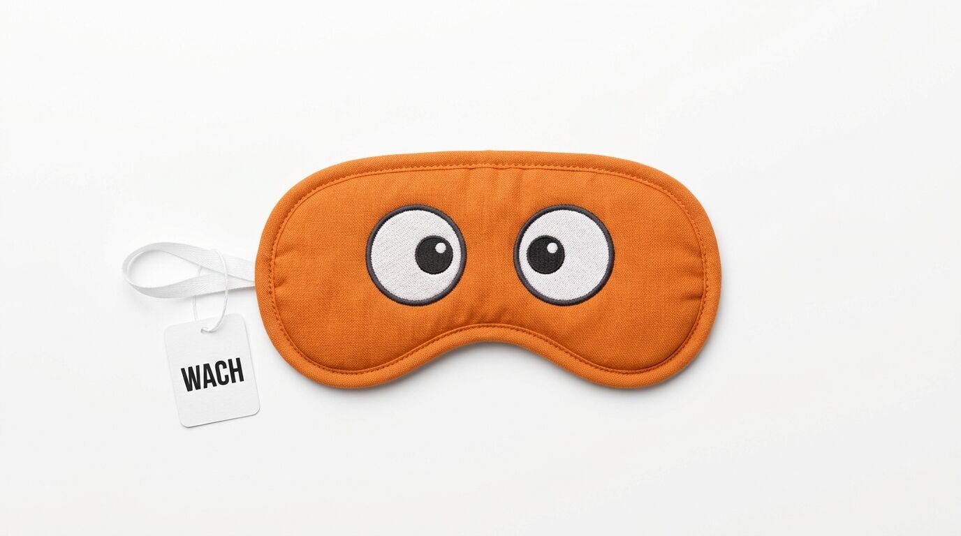 Orangene Schlafmaske mit großen Augen und Etikett „WACH“ auf weißem Grund