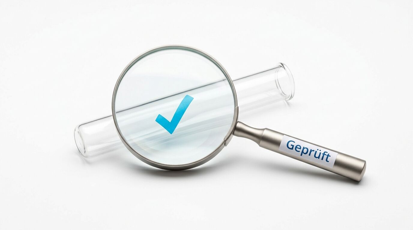 Lupe mit Prüfzertifikat und blauem Häkchen auf einem Dokument, Griff beschriftet mit "Geprüft"