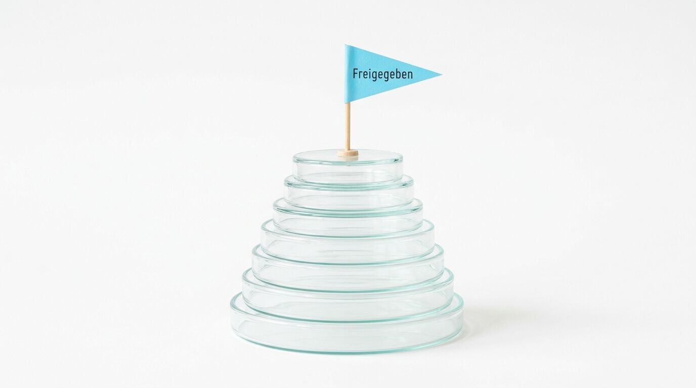 Pyramide aus gestapelten Glasschalen mit blauer Flagge beschriftet "Freigegeben"